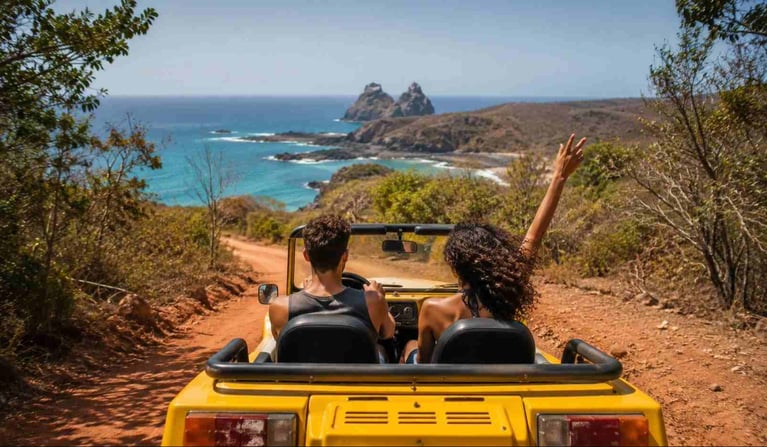 Um casal explorando a ilha em um buggy, uma dica importante do nosso guia de viagem multicultural em Fernando de Noronha para conhecer os pontos turísticos.