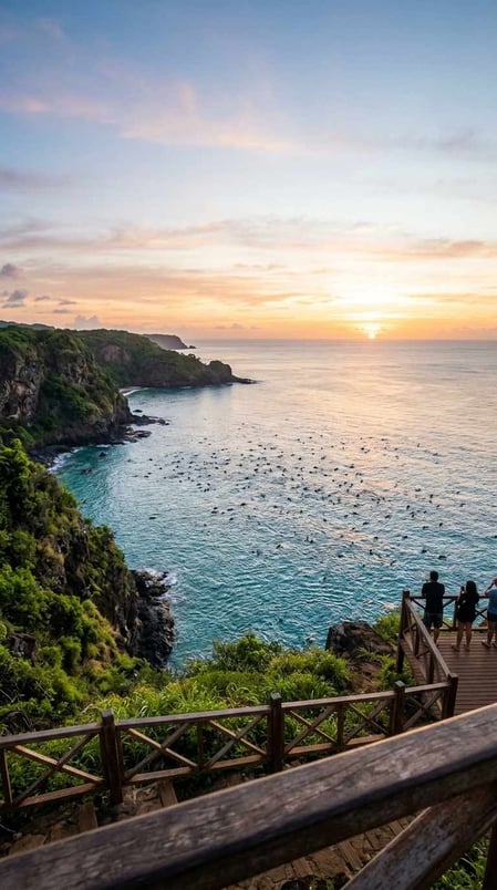 Centenas de golfinhos de Fernando de Noronha brincando na Baía dos Golfinhos ao nascer do sol, vista do mirante no topo da falésia.