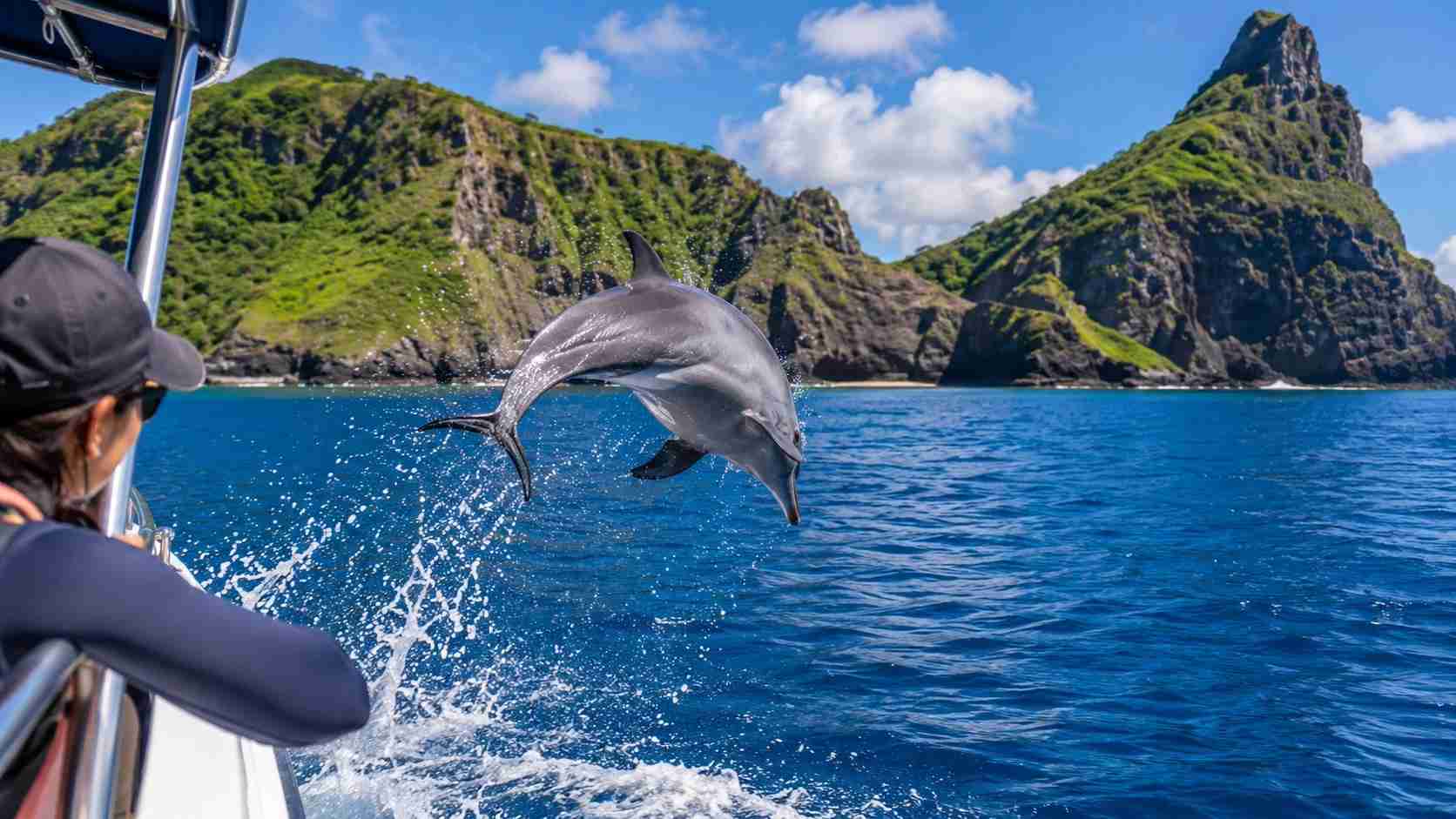 Um golfinho rotador dá um salto acrobático no meio do oceano azul durante um passeio de barco para observação de golfinhos em Fernando de Noronha no Brasil.