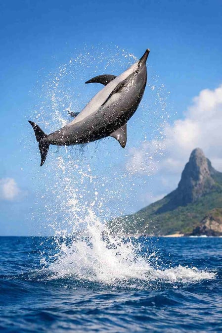 Um golfinho rotador salta e gira no oceano azul de Fernando de Noronha, no Brasil. A regra número 1 para ver os golfinhos de Noronha.