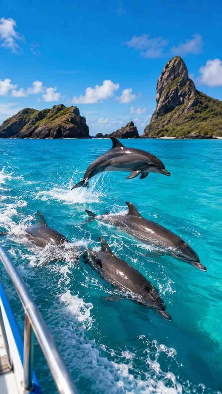Um grupo de golfinhos rotadores nada alegremente ao lado de um barco nas águas turquesa de Fernando de Noronha, no Brasil.