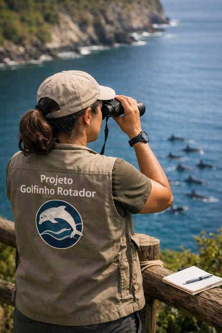 Um pesquisador do Projeto Golfinho Rotador monitora os golfinhos de Fernando de Noronha, apresentando um modelo bem-sucedido de turismo sustentável.