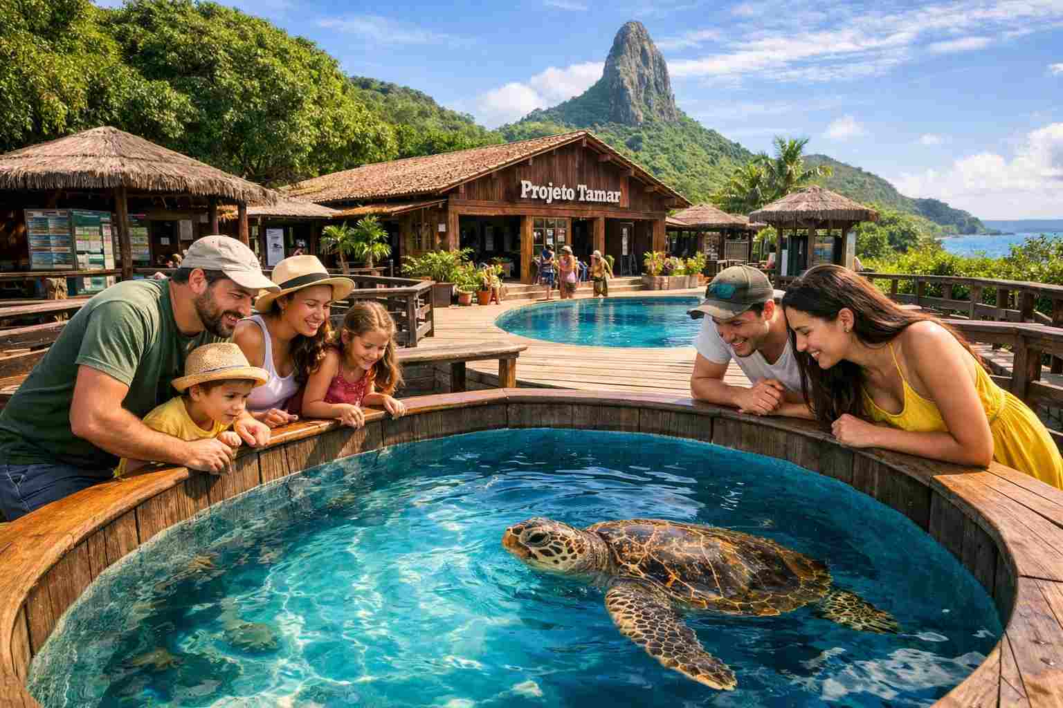 Os visitantes do centro de visitantes do Projeto Tamar em Fernando de Noronha observam uma tartaruga marinha em um grande tanque de reabilitação iluminado pelo sol.