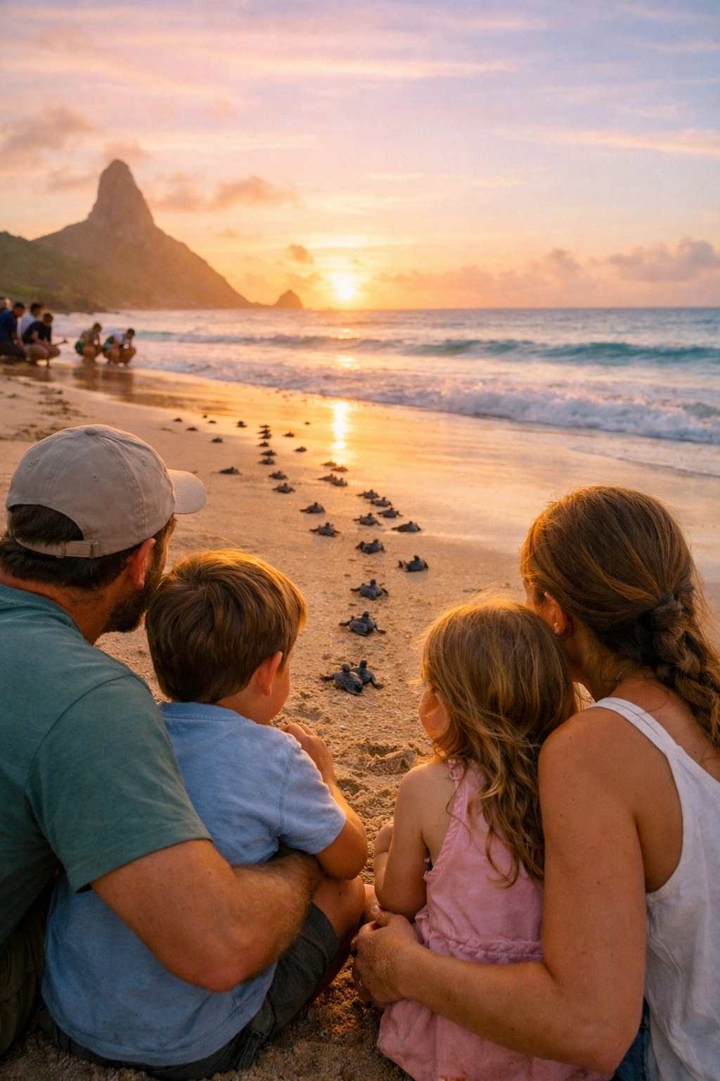 Uma família observa, maravilhada, enquanto filhotes de tartaruga marinha são soltos em uma praia do Projeto Tamar Fernando de Noronha.