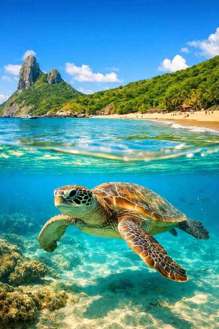 Uma foto “over-under” no Projeto Tamar, em Fernando de Noronha, mostrando a praia acima da água e uma tartaruga marinha nadando abaixo dela.