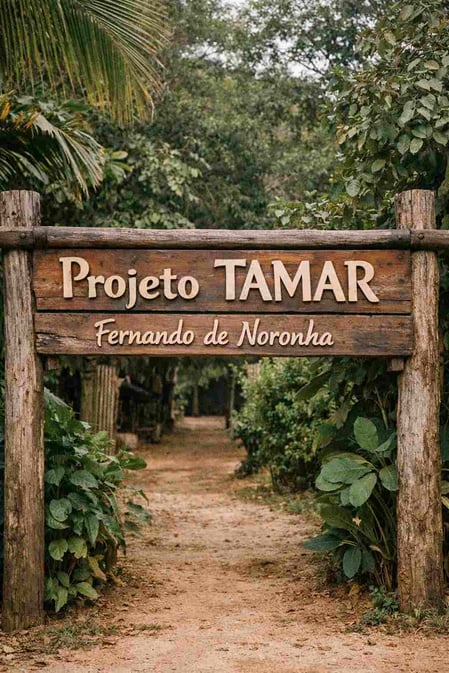 A placa rústica de madeira na entrada do centro de visitantes do Projeto Tamar, em Fernando de Noronha, cercada por folhagem verde.