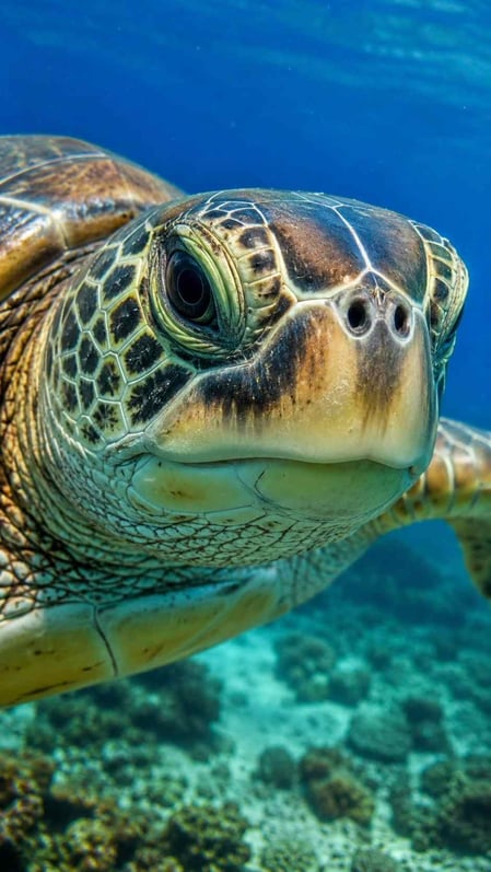 Uma foto subaquática em close-up do rosto de uma tartaruga-verde no Projeto Tamar Fernando de Noronha, com o olho voltado para a câmera.