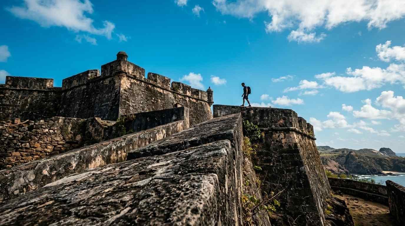 Um viajante explora as muralhas históricas de pedra da fortaleza do século XVIII, um elemento fundamental do nosso Guia do Forte Noronha sobre a história da ilha.