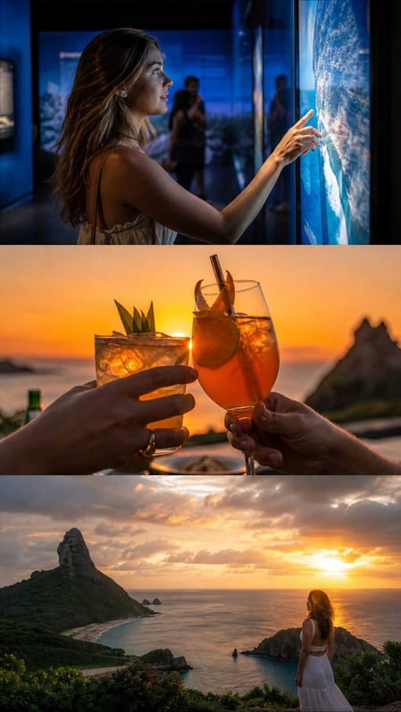 Uma montagem de fotos do museu, drinques ao pôr do sol e vistas do nosso Guia do Forte Noronha.