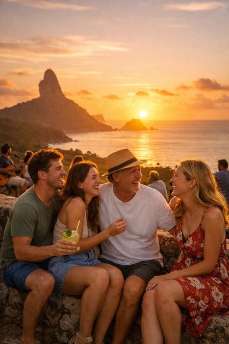 Um grupo de amigos apreciando o pôr do sol juntos, uma experiência imperdível descrita em nosso Guia do Forte Noronha.