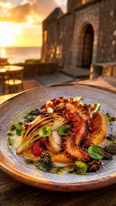 Um prato lindamente apresentado de peixe grelhado na brasa do restaurante Paiol, destaque em nosso Guia Forte Noronha.