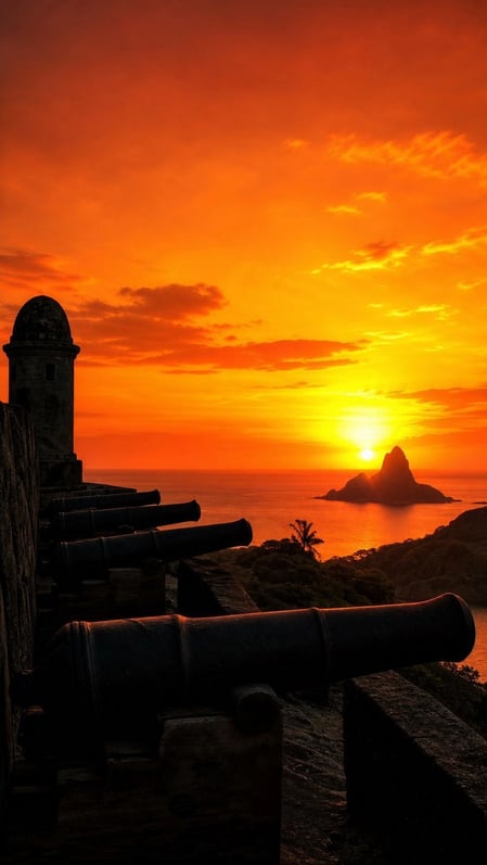 Canhões históricos recortados contra um pôr do sol alaranjado em nosso Guia do Forte de Noronha, apresentando o melhor ponto para apreciar o pôr do sol no Brasil.