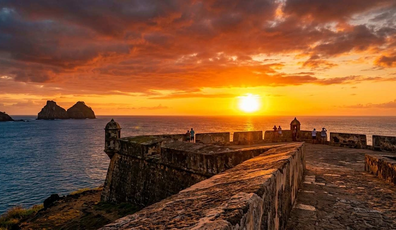 Uma vista panorâmica do pôr do sol a partir das muralhas históricas, em nosso Guia do Forte Noronha, com o sol dourado se pondo sobre o Oceano Atlântico.