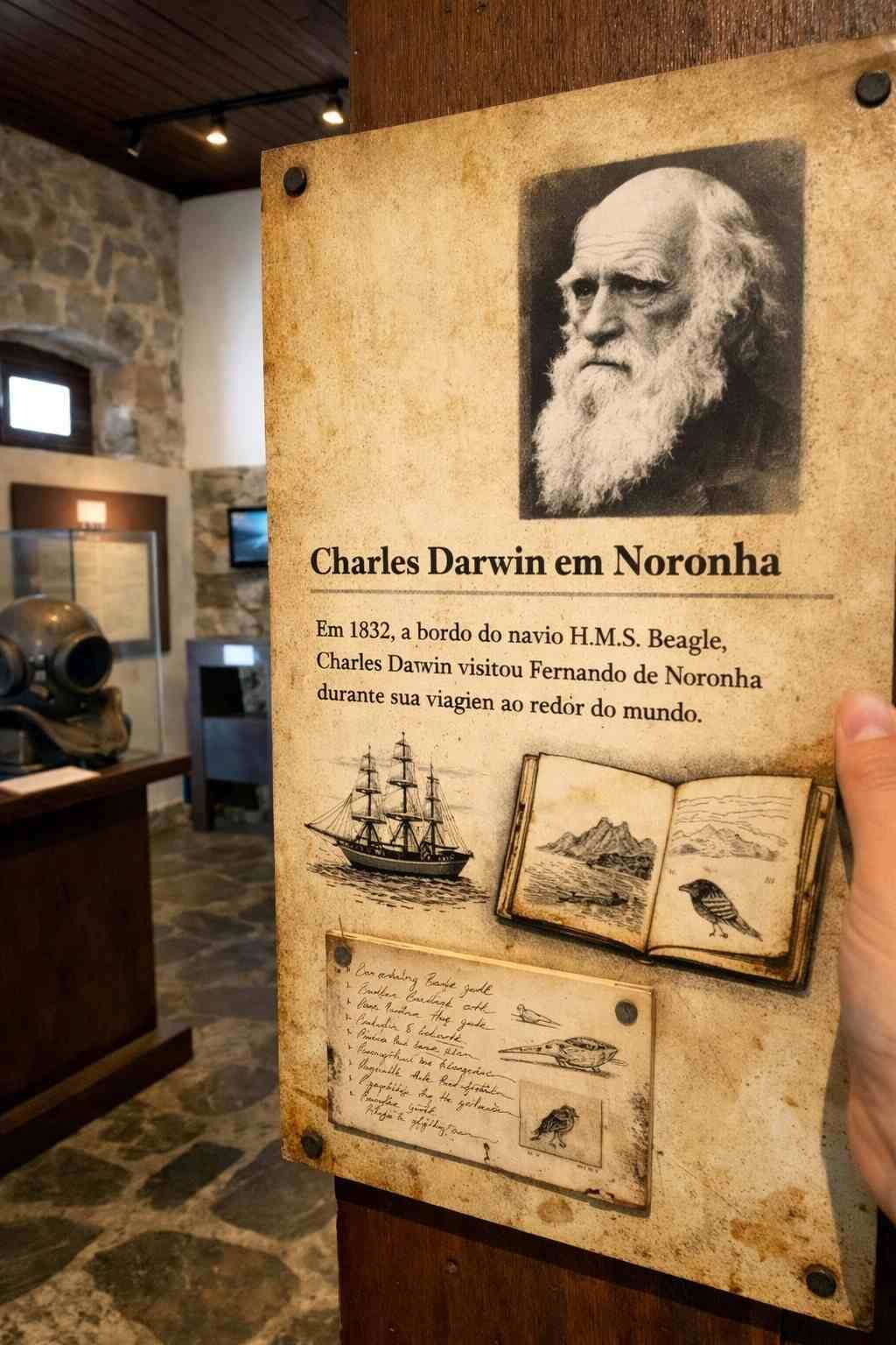 Uma foto em primeira pessoa do painel da exposição sobre Charles Darwin no interior do Museu Memorial Noronhense, em Noronha.