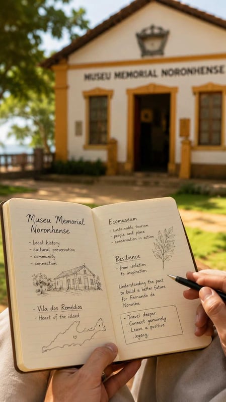 Um diário de viagem com anotações sobre o Museu Memorial Noronhense, tendo o prédio do museu ao fundo.