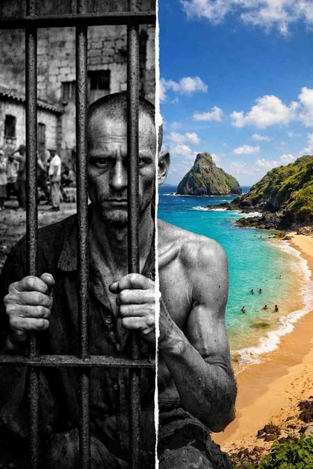 Uma imagem dividida que mostra uma foto histórica de um prisioneiro ao lado de uma praia ensolarada de Fernando de Noronha, promovendo o Museu Memorial Noronhense.