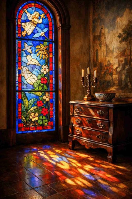 A luz do sol penetra por um vitral colorido no interior do Palácio de São Miguel, em Fernando de Noronha, destacando sua arte.
