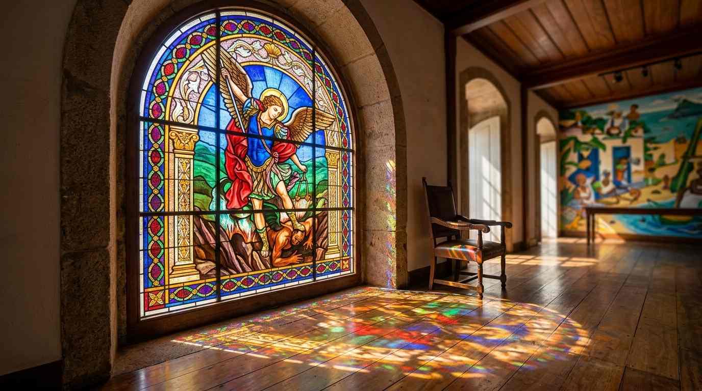 A luz do sol penetra pelo vitral colorido do Palácio de São Miguel, em Fernando de Noronha, iluminando as obras de arte do interior.
