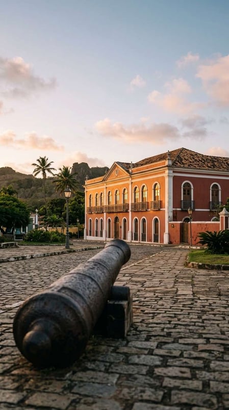 Um canhão histórico em primeiro plano, com o Palácio de São Miguel, em Fernando de Noronha, ao fundo, banhado por uma luz quente.