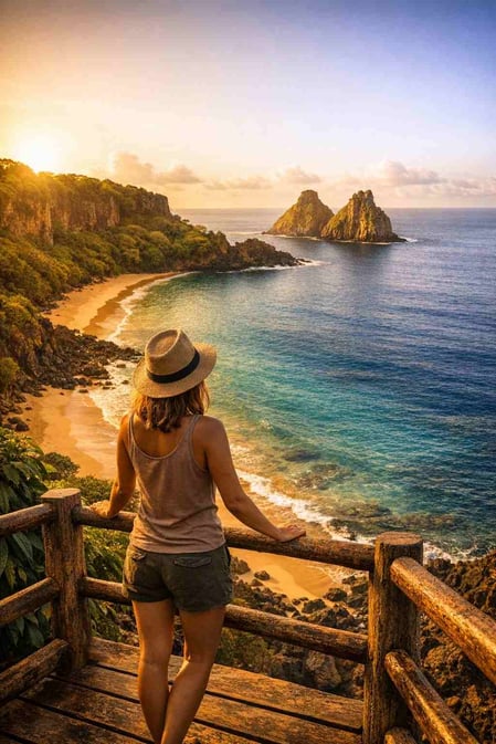 Uma pessoa contemplando a vista deslumbrante da Baía do Sancho, um destino imperdível que abordamos em nosso guia sobre como visitar