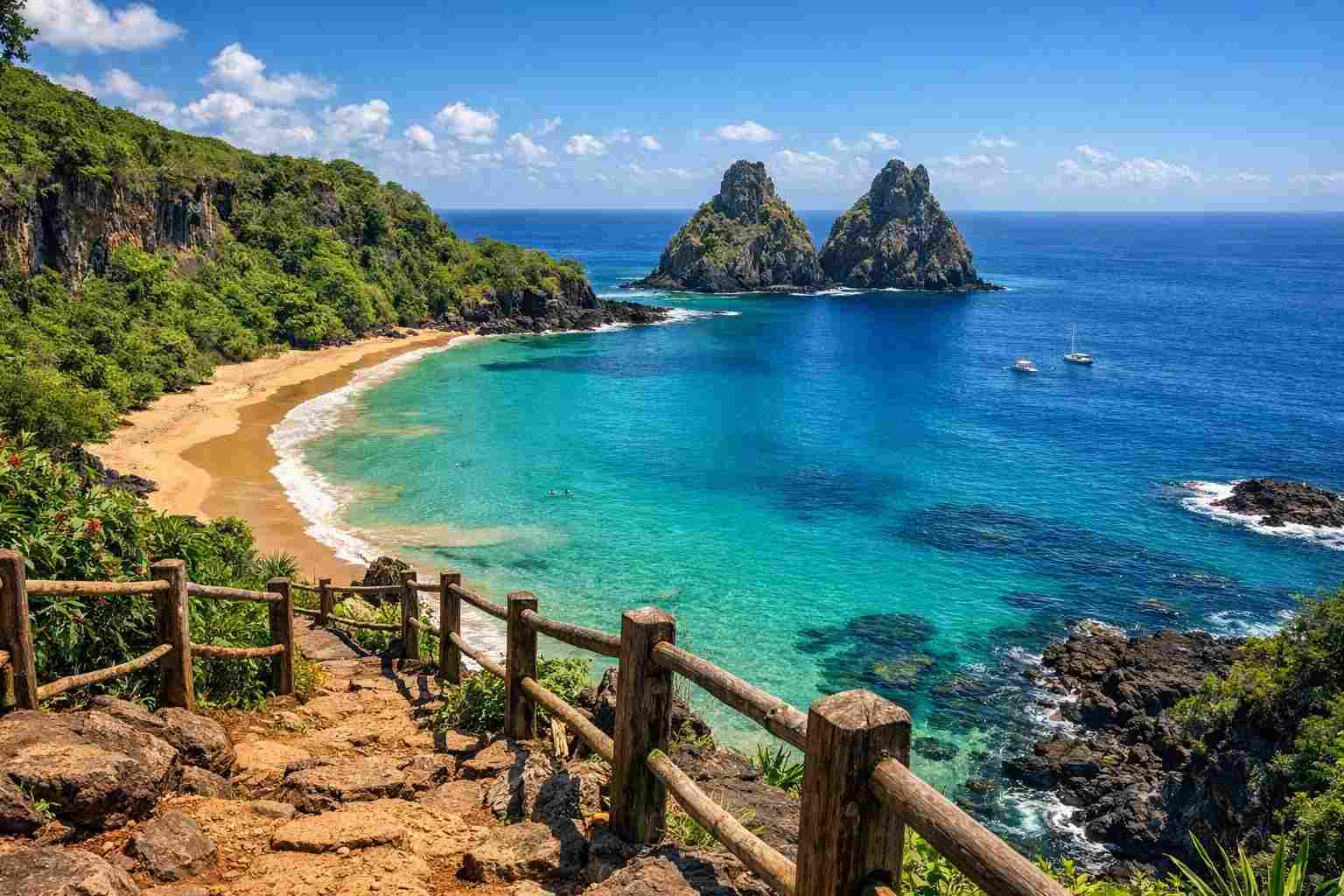 Uma vista deslumbrante do topo da falésia, mostrando como chegar à Baía do Sancho, com sua praia dourada, águas azul-turquesa e o Morro Dois Irmãos ao fundo.