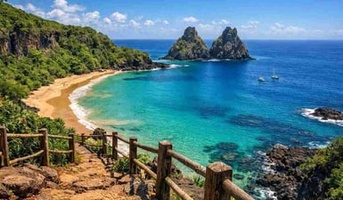 Uma vista deslumbrante do topo da falésia, mostrando como chegar à Baía do Sancho, com sua praia dourada, águas azul-turquesa e o Morro Dois Irmãos ao fundo