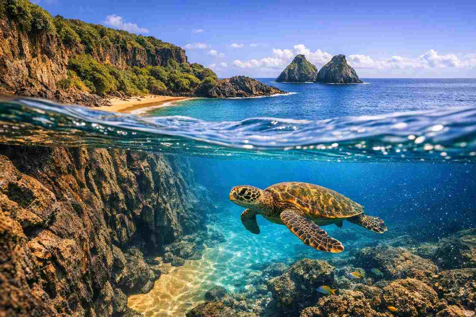 Uma foto dividida em duas partes, mostrando como visitar a Baía do Sancho para praticar mergulho com snorkel, com uma tartaruga marinha nadando em águas cristalinas abaixo das falésias