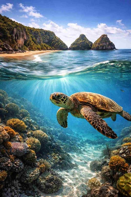 Uma tartaruga marinha nada nas águas cristalinas da Baía do Sancho, demonstrando a recompensa de saber como visitar este paraíso protegido no Brasil