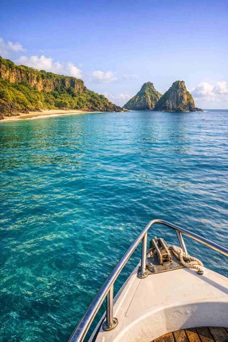 Uma vista da Baía do Sancho e do Morro Dois Irmãos a partir de um barco, uma opção de visita apresentada em nosso guia de viagem