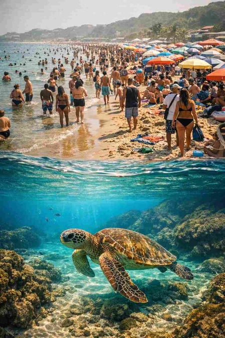 Imagem em tela dividida mostrando uma praia lotada em contraste com as águas serenas quando você visita a Praia de Sueste para mergulhar com tartarugas.