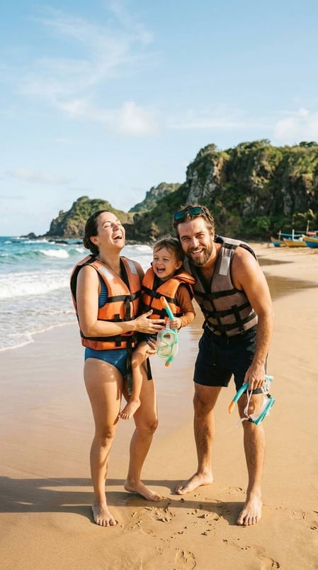 Uma família feliz rindo na areia, com equipamentos de mergulho à vista, pronta para visitar a Praia do Sueste e ver tartarugas.