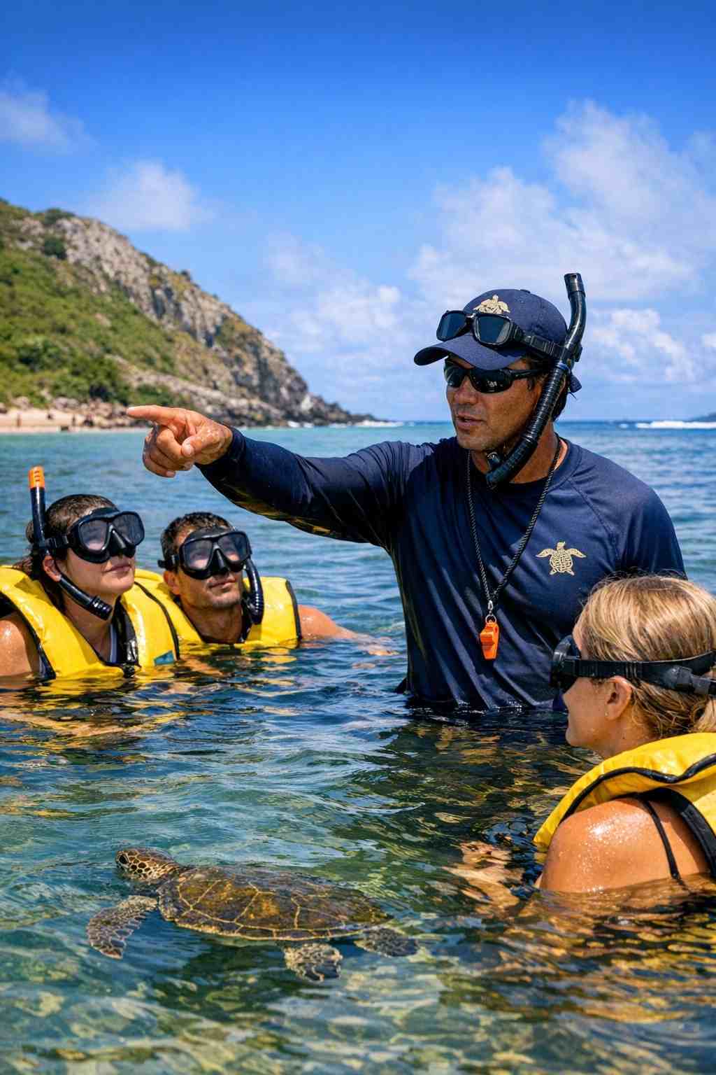Guia ecológico mostrando a vida marinha a turistas que usam coletes salva-vidas e visitam a Praia do Sueste, em Fernando de Noronha.