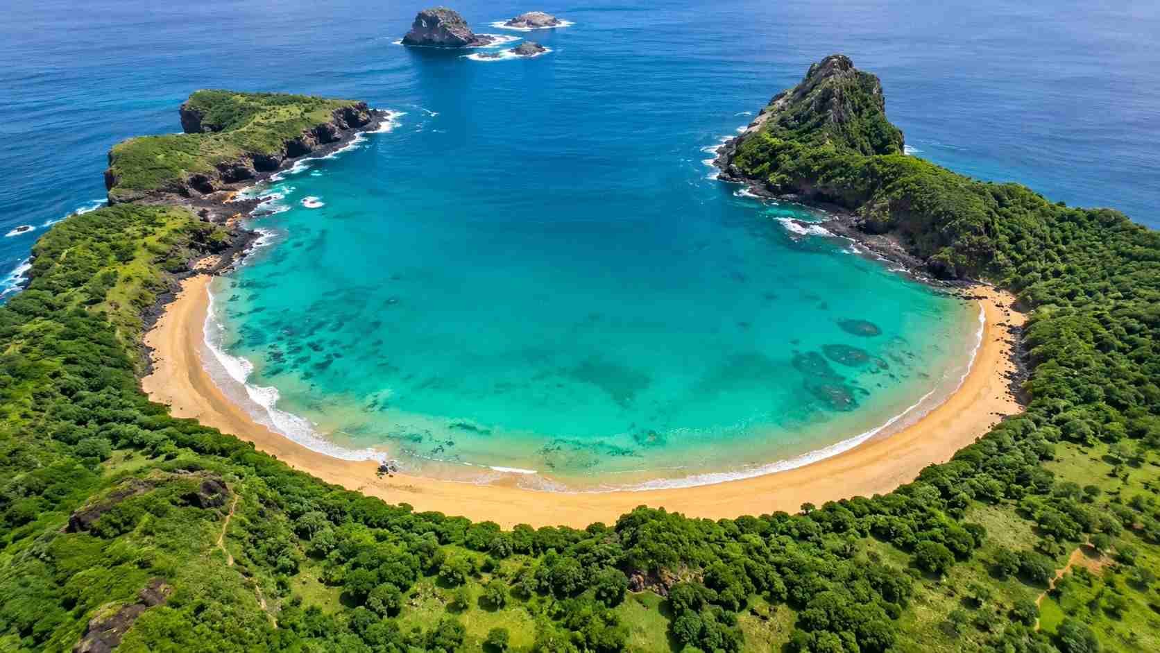 Vista aérea da bela baía em forma de ferradura e das águas azul-turquesa que você poderá admirar ao visitar a Praia do Sueste.