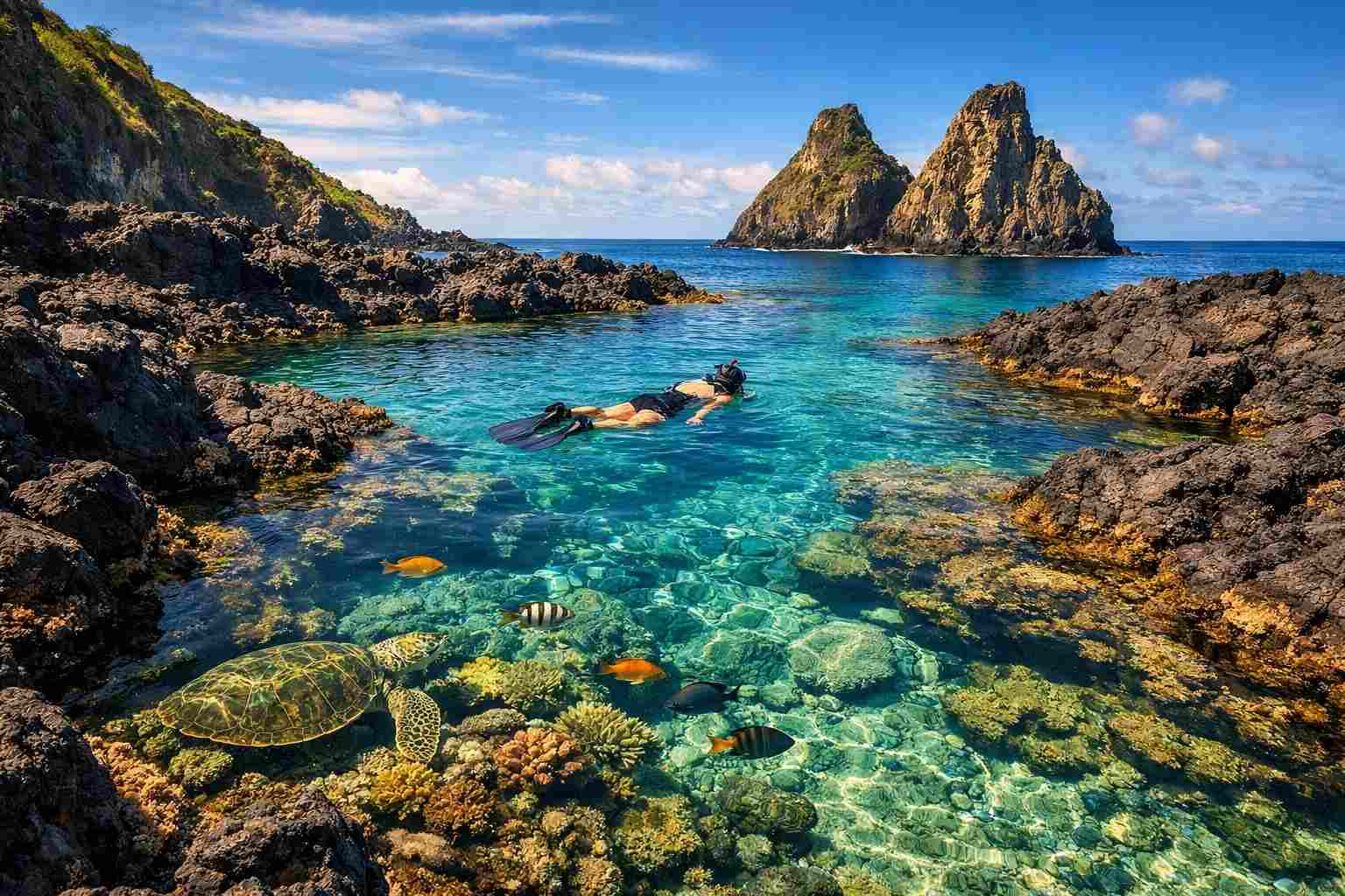 Um mergulhador flutua nas águas cristalinas e esmeraldas das piscinas naturais nesta imagem do guia da Baía dos Porcos, mostrando o melhor do mergulho com snorkel na maré baixa.