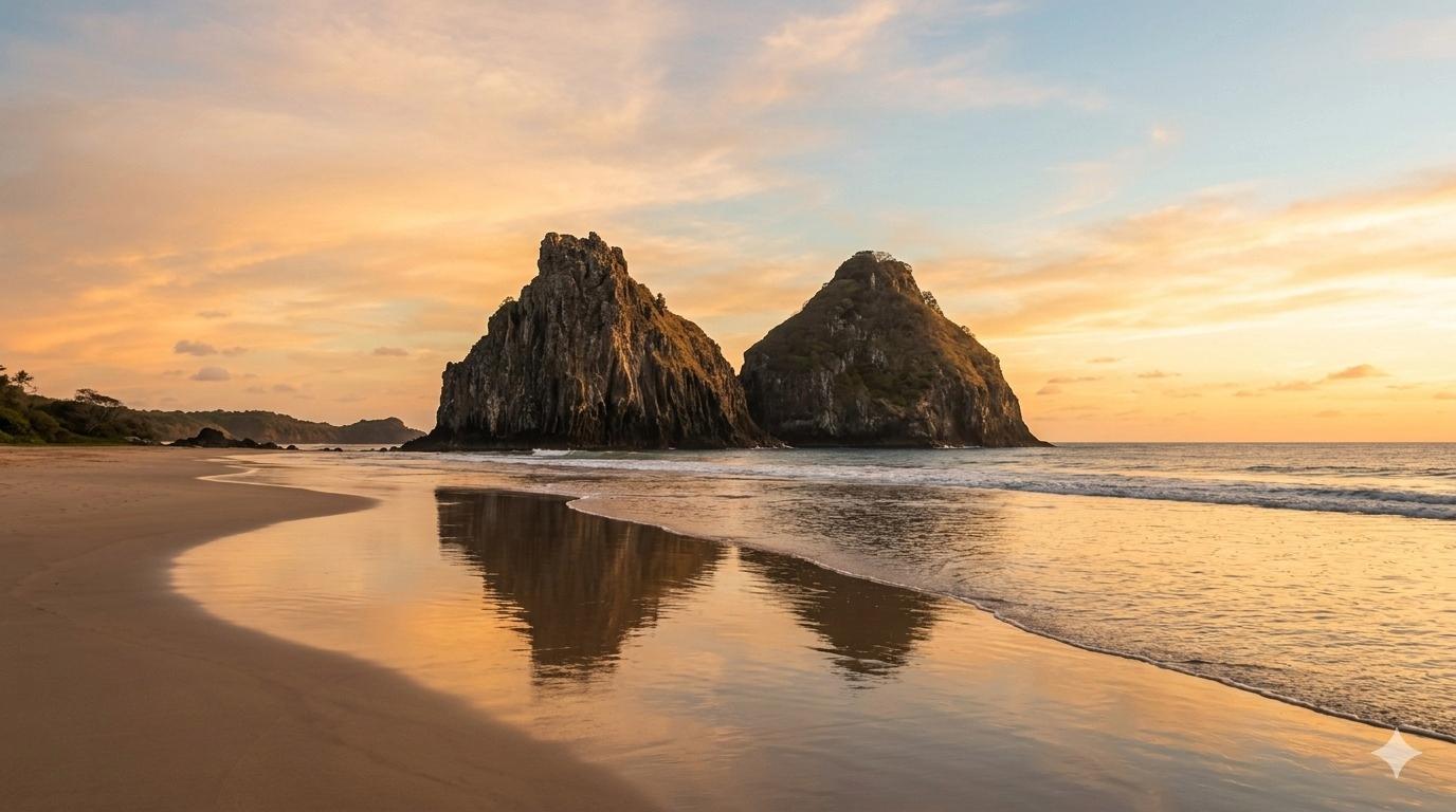 As icônicas rochas do Morro Dois Irmãos na Praia da Cacimba do Padre durante um pôr do sol dourado, com seu reflexo na areia molhada no Brasil.