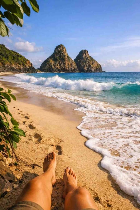 Uma visão em primeira pessoa ao caminhar pela areia dourada da Praia da Cacimba do Padre, revelando o icônico Morro dos Dois Irmãos.