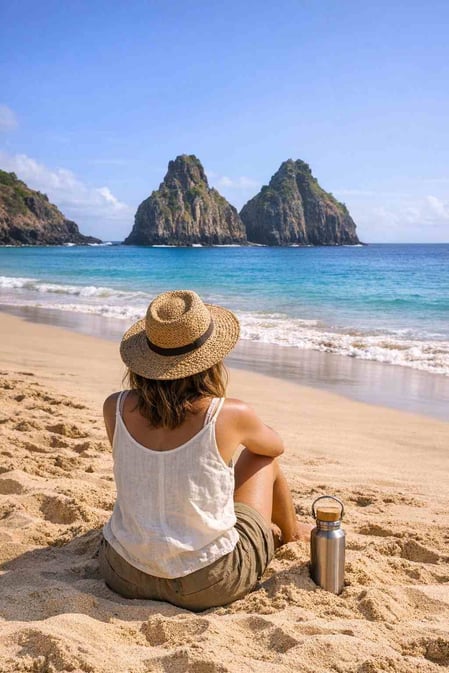 Um viajante senta-se na areia da Praia da Cacimba do Padre, contemplando o Morro Dois Irmãos, no Brasil.