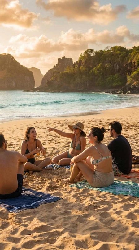Pessoas relaxando na areia da Praia do Cachorro durante a hora dourada, em nosso autêntico guia de Fernando de Noronha.
