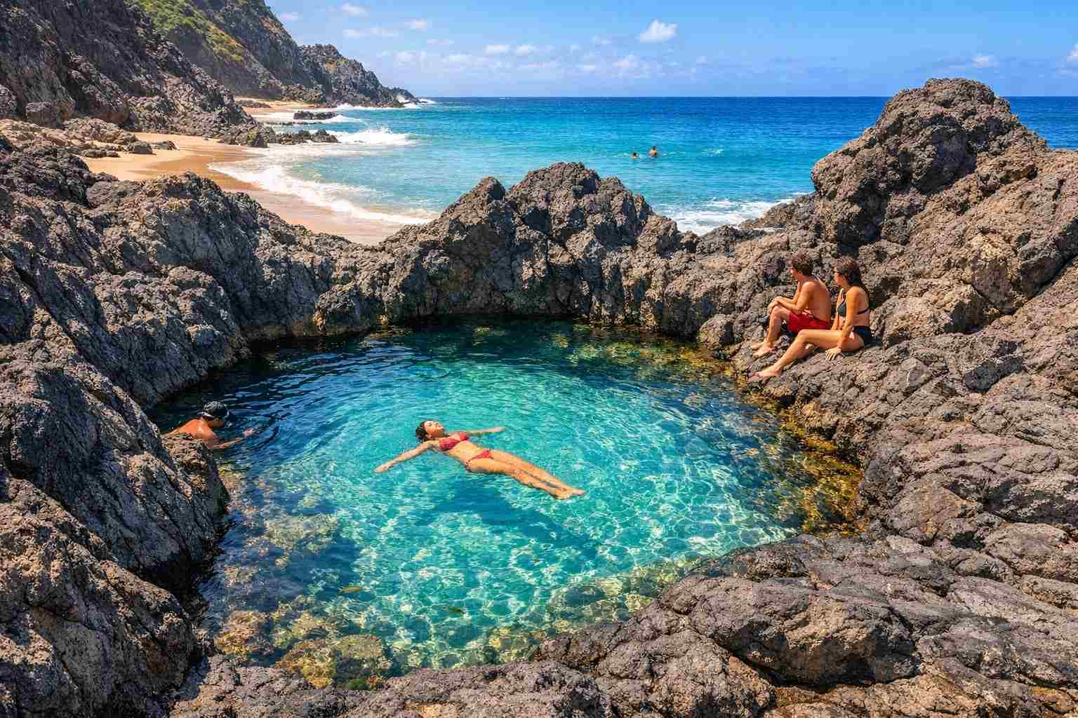 Um viajante nada na piscina natural de águas cristalinas da Praia do Cachorro, um dos principais destaques do nosso guia da Praia do Cachorro em Fernando de Noronha.