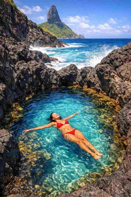 Uma pessoa nadando na piscina natural de águas azul-turquesa da Praia do Cachorro, um dos destaques do nosso guia de viagem de Fernando de Noronha.