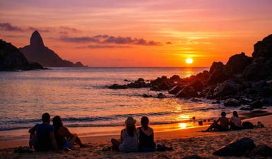 Um pôr do sol deslumbrante sobre a Praia do Cachorro, em Fernando de Noronha, com a luz dourada refletindo na água e nas rochas, como mostra este guia de viagem.