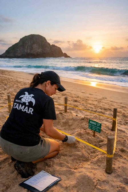 Um conservacionista do Projeto TAMAR trabalhando na Praia do Leão, em nosso guia de viagem sobre ecoturismo na Praia do Leão.