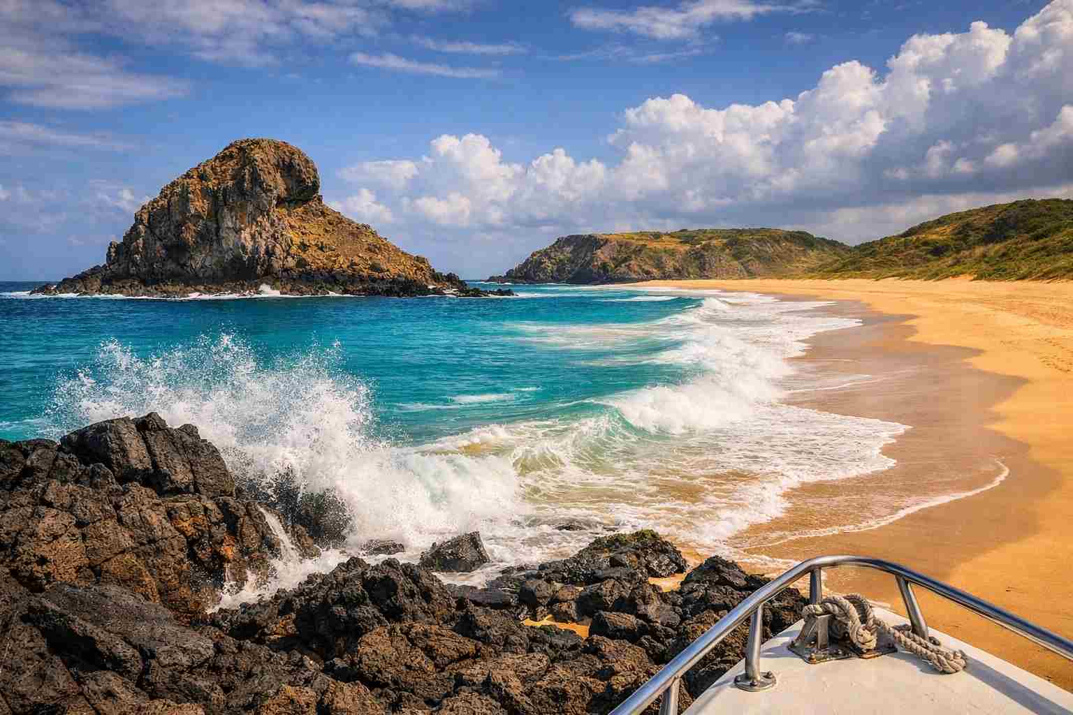 A icônica rocha em forma de leão na Praia do Leão, em Fernando de Noronha, com ondas poderosas quebrando na areia dourada, conforme apresentado em nosso guia de viagem da Praia do Leão.