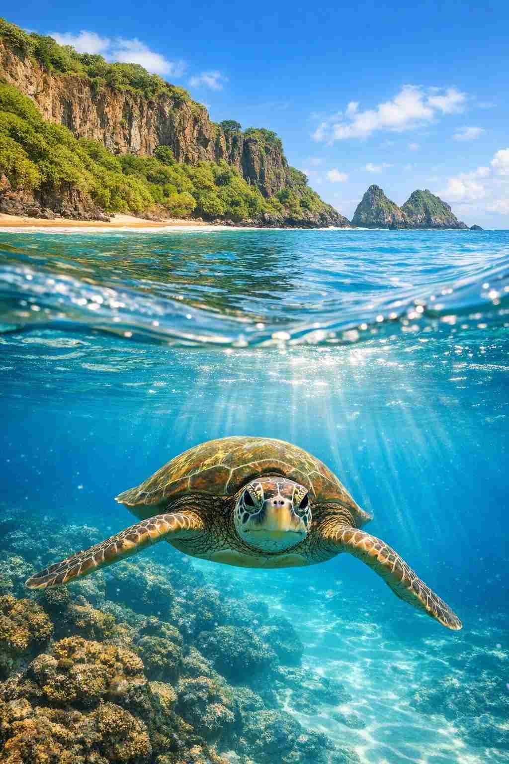 A sea turtle swims in clear water at Baia do Sancho, showing the reward of learning how to visit this protected paradise in Brazil