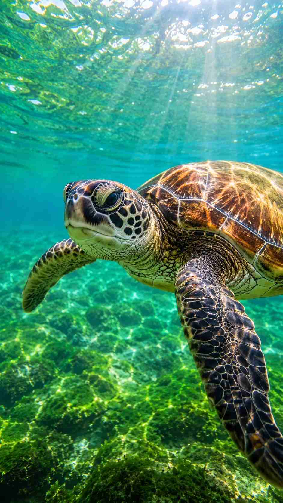 Close up of a beautiful green sea turtle swimming in clear water when you visit Sueste Beach.