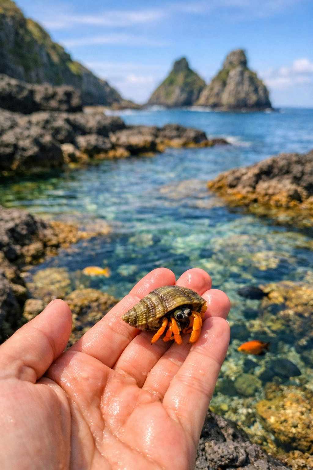 An authentic photo for the Baia dos Porcos guide showing a detail of marine life on the rocks with the bay in the background.