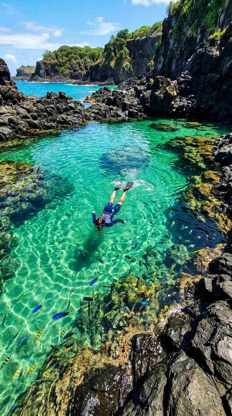 A snorkeler floats in an emerald tide pool in this aspirational Baia dos Porcos guide image.
