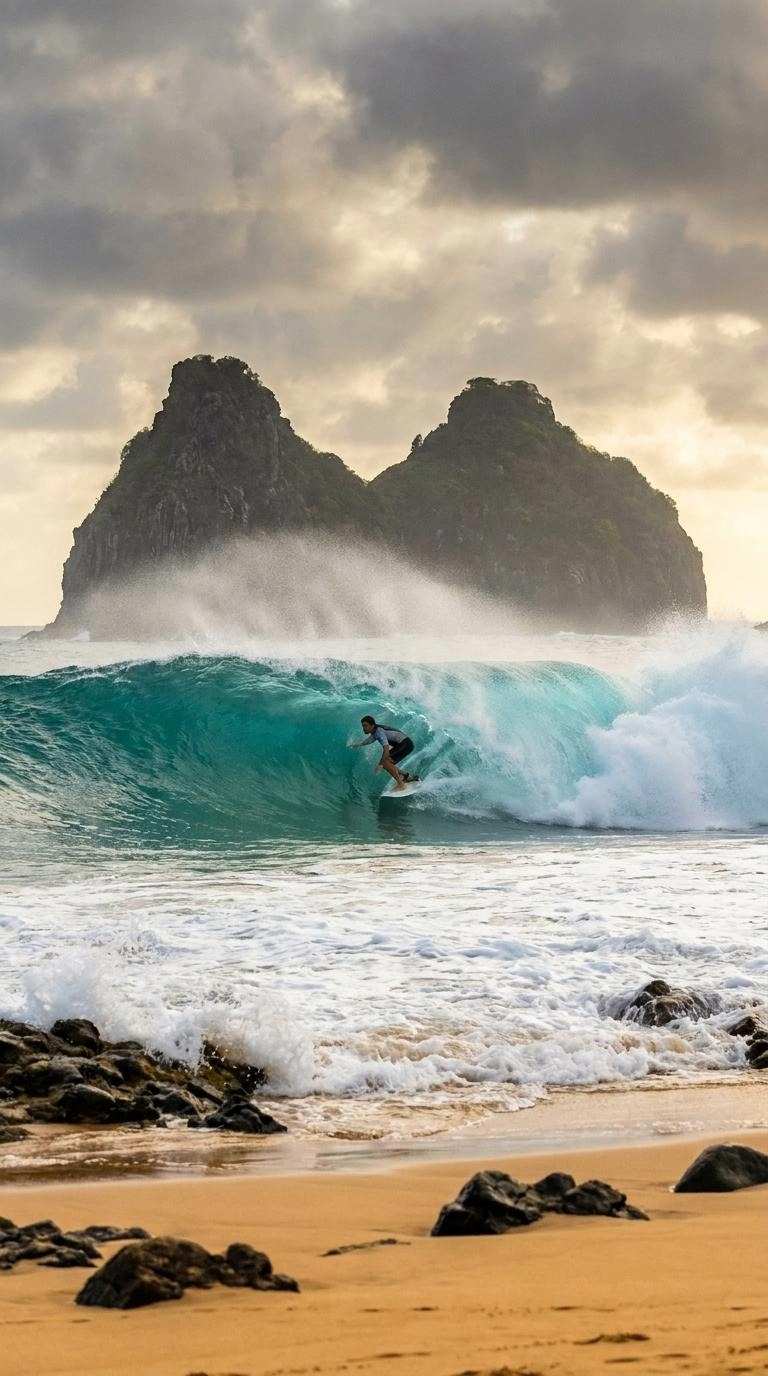 A surfer rides a huge barrel wave at Cacimba do Padre Beach, with the Morro Dois Irmãos rocks in the background in Brazil.