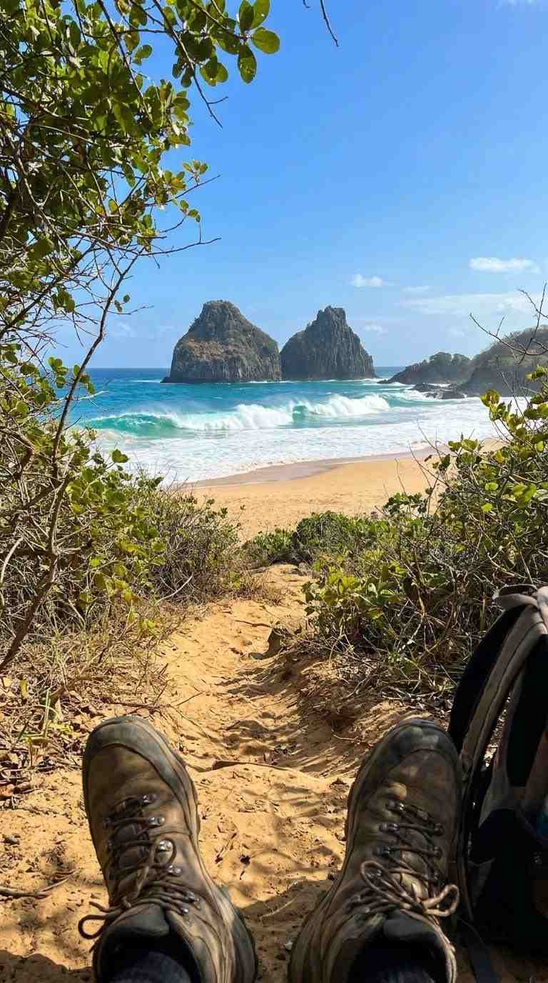 A first-person view walking onto the golden sand of Cacimba do Padre Beach, revealing the iconic Morro Dois Irmãos.