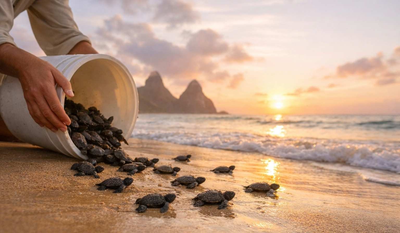 A researcher at the Tamar Project Fernando de Noronha carefully releases baby sea turtle hatchlings onto a sandy beach at sunrise.